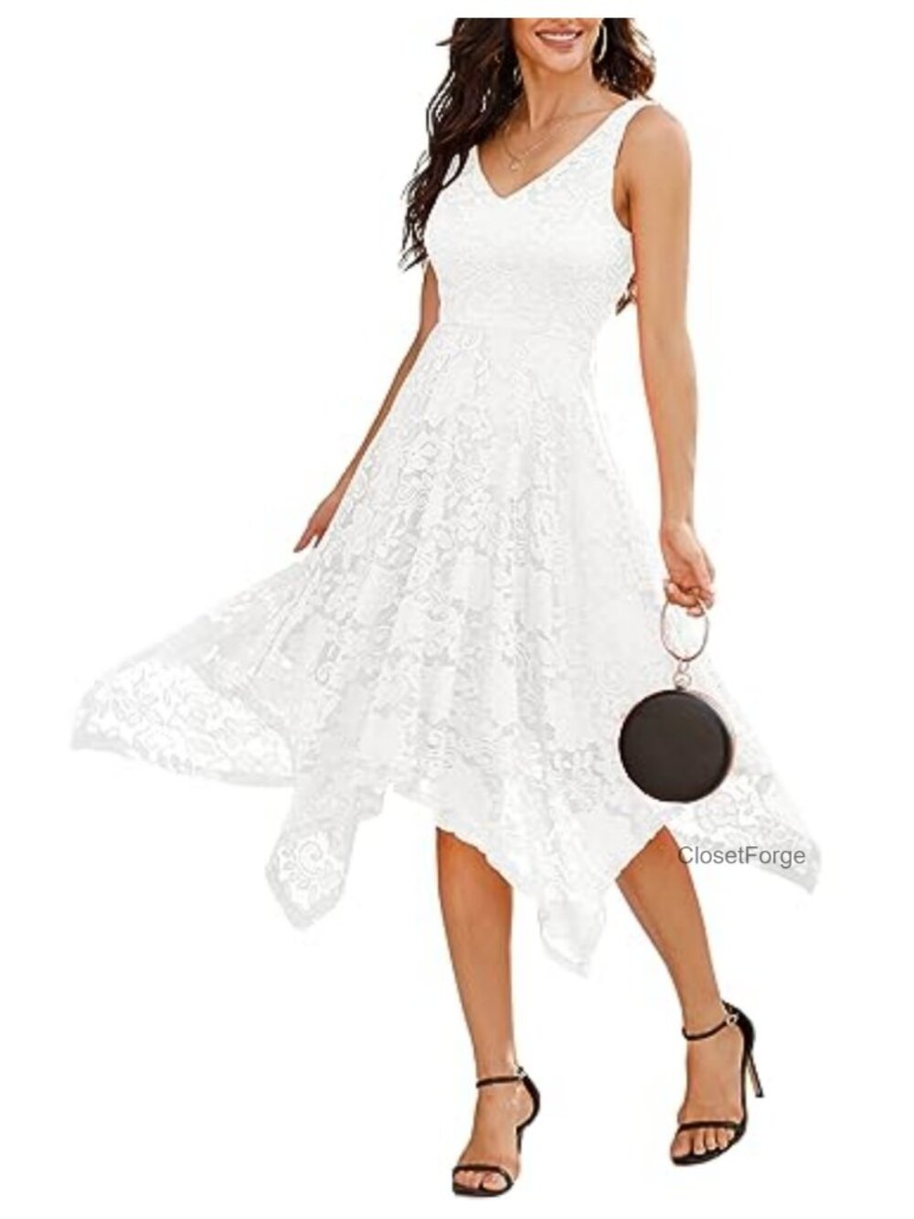 Women's Lace Cocktail Dress V-Neck A-Line Sleeveless Handkerchief Hem